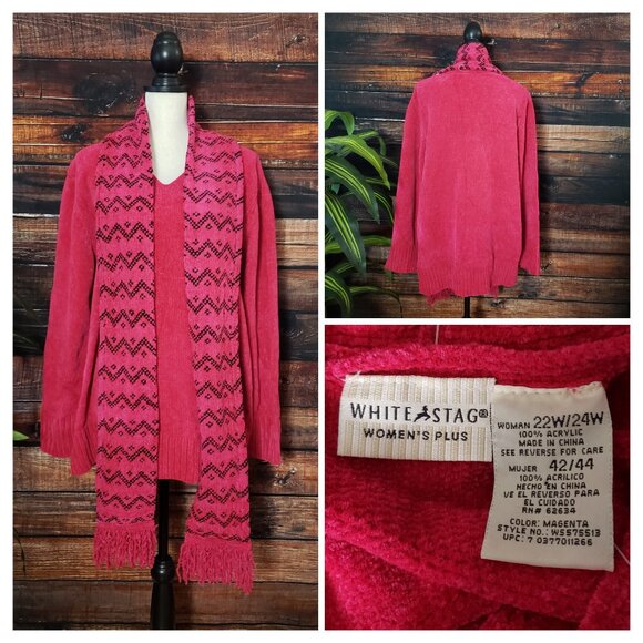 NWT White Stag Scarf Sweater Set Plus Size 22W 24W Magenta Soft Warm Chenille - Picture 1 of 10